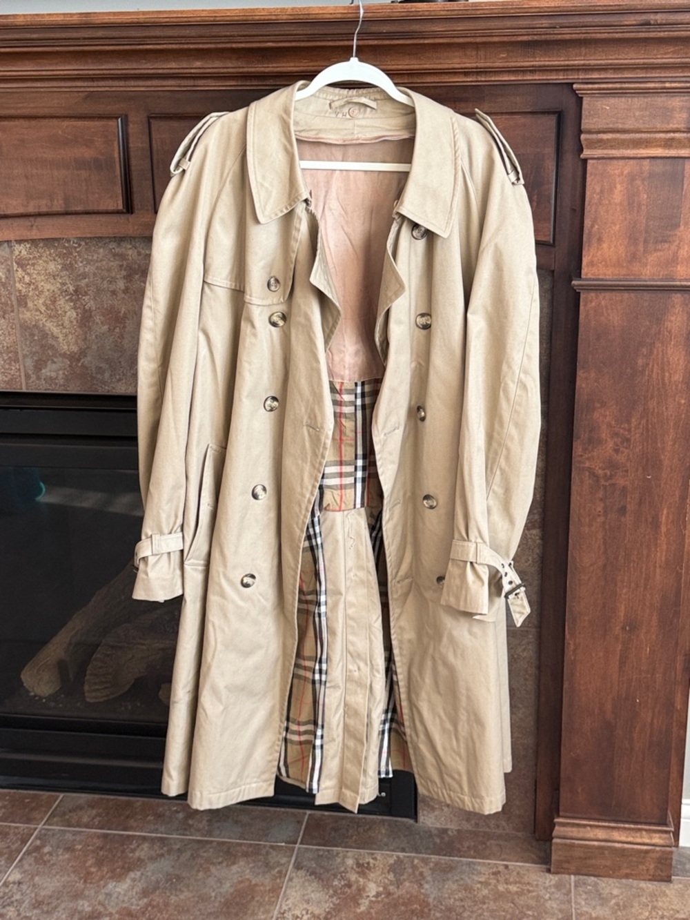 Vintage classic tan beige trench coat plaid check lining preppy FLAWS m/l